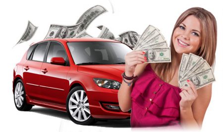 woman holding money in front of car