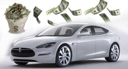 white tesla car and money